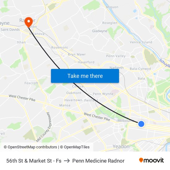 56th St & Market St - Fs to Penn Medicine Radnor map