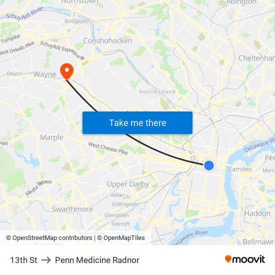 13th St to Penn Medicine Radnor map