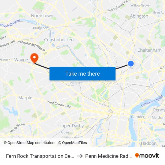 Fern Rock Transportation Center to Penn Medicine Radnor map