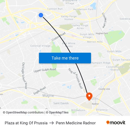 Plaza at King Of Prussia to Penn Medicine Radnor map