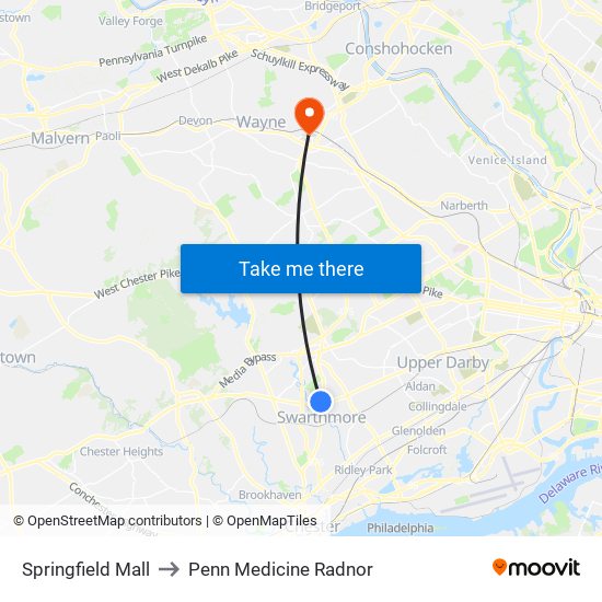 Springfield Mall to Penn Medicine Radnor map