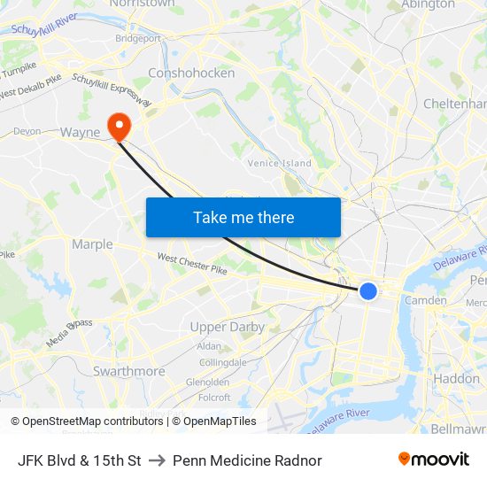 JFK Blvd & 15th St to Penn Medicine Radnor map