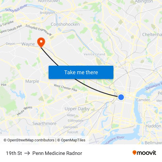 19th St to Penn Medicine Radnor map