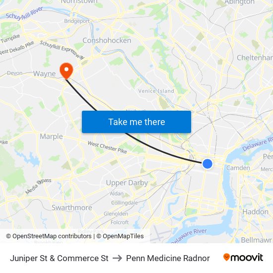 Juniper St & Commerce St to Penn Medicine Radnor map