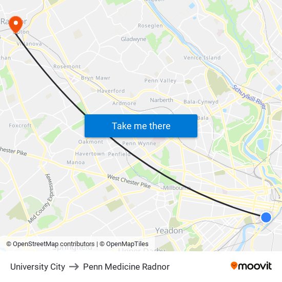 University City to Penn Medicine Radnor map