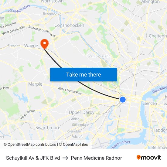 Schuylkill Av & JFK Blvd to Penn Medicine Radnor map