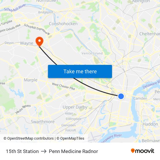 15th St Station to Penn Medicine Radnor map