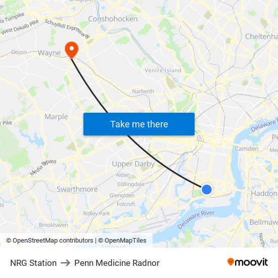 NRG Station to Penn Medicine Radnor map
