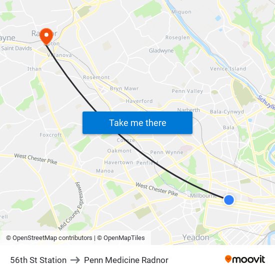56th St Station to Penn Medicine Radnor map