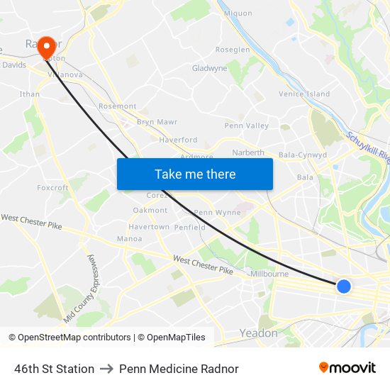 46th St Station to Penn Medicine Radnor map