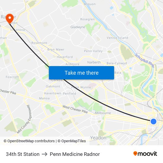 34th St Station to Penn Medicine Radnor map