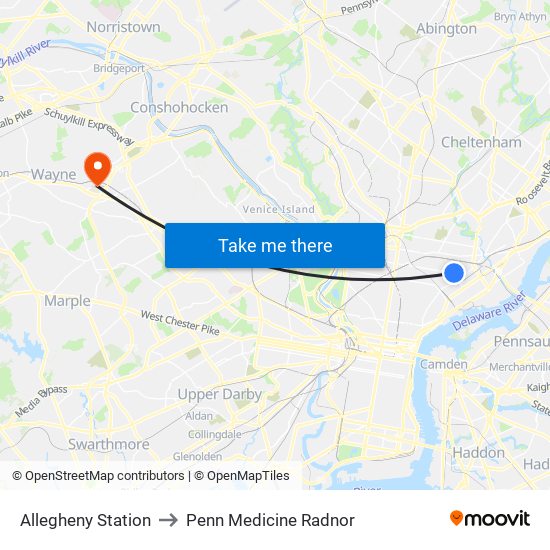 Allegheny Station to Penn Medicine Radnor map
