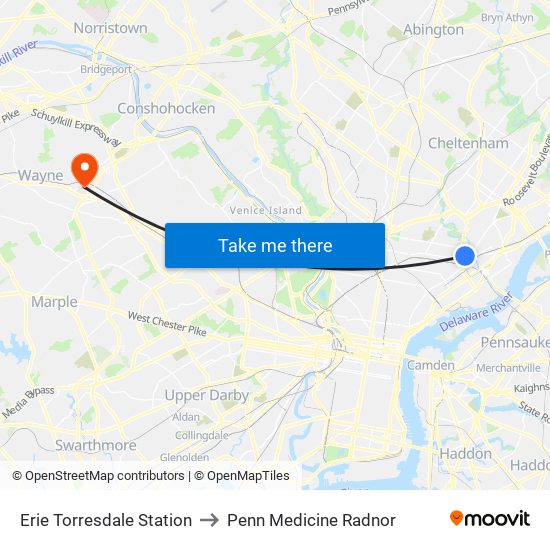 Erie Torresdale Station to Penn Medicine Radnor map