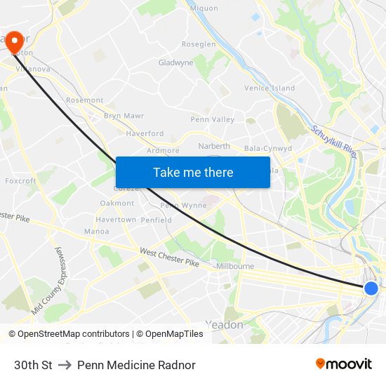 30th St to Penn Medicine Radnor map