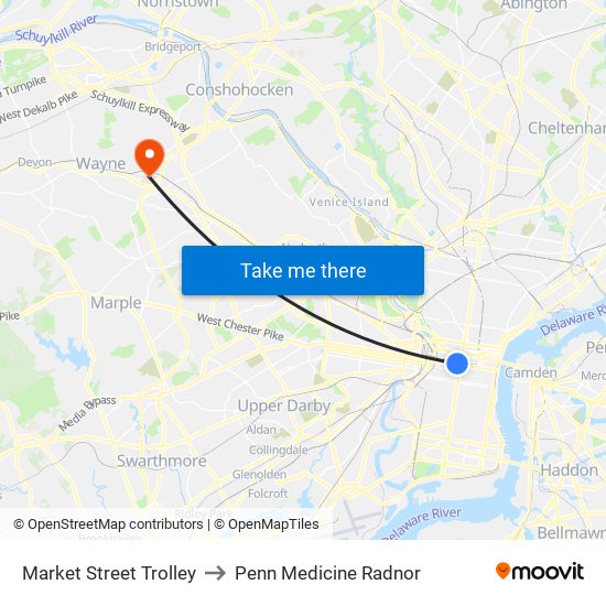Market Street Trolley to Penn Medicine Radnor map