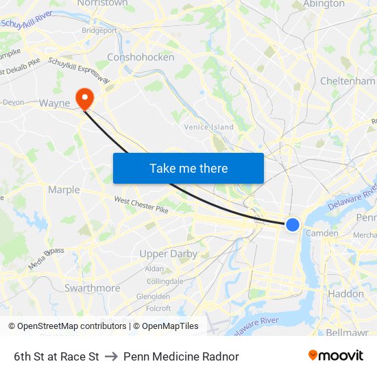 6th St at Race St to Penn Medicine Radnor map