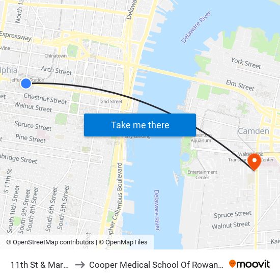 11th St & Market St to Cooper Medical School Of Rowan University map