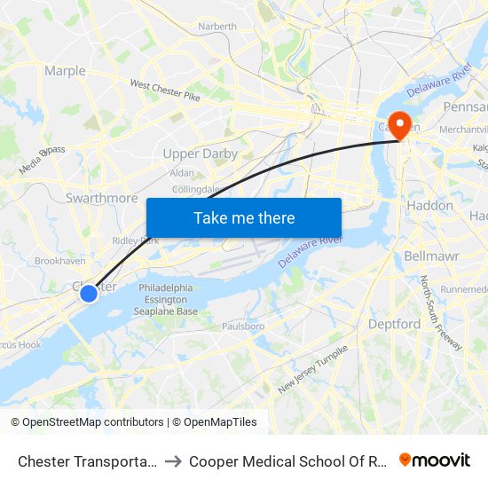 Chester Transportation Center to Cooper Medical School Of Rowan University map