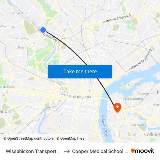 Wissahickon Transit Center to Cooper Medical School Of Rowan University map