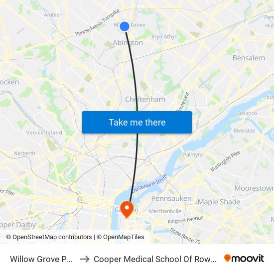 Willow Grove Park Mall to Cooper Medical School Of Rowan University map