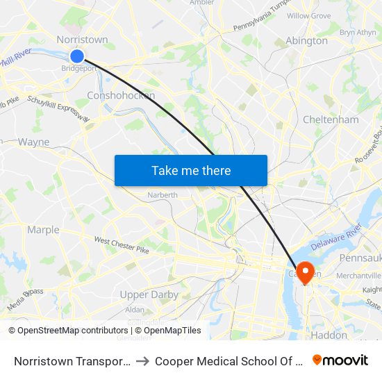 Norristown Transportation Center to Cooper Medical School Of Rowan University map