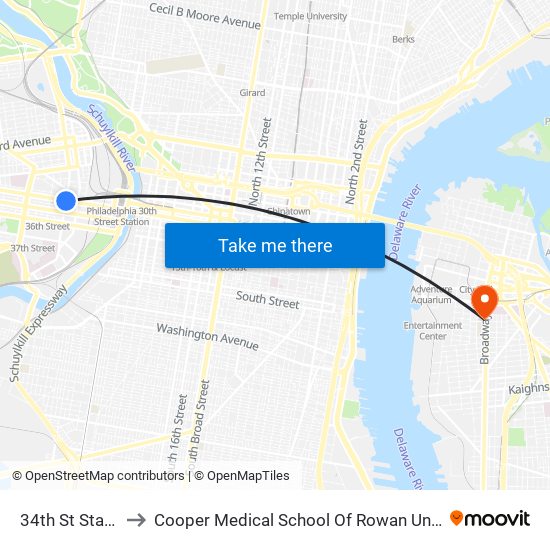 34th St Station to Cooper Medical School Of Rowan University map