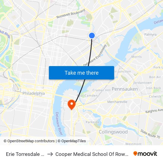 Erie Torresdale Station to Cooper Medical School Of Rowan University map
