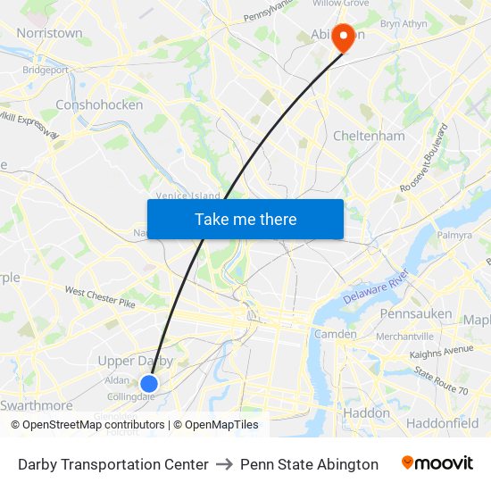 Darby Transportation Center to Penn State Abington map