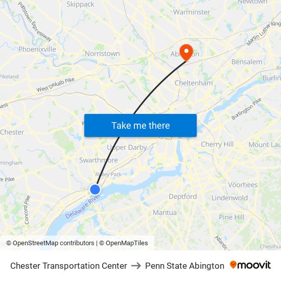 Chester Transportation Center to Penn State Abington map