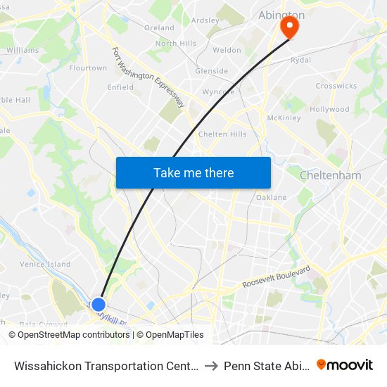 Wissahickon Transportation Center - Onsite to Penn State Abington map