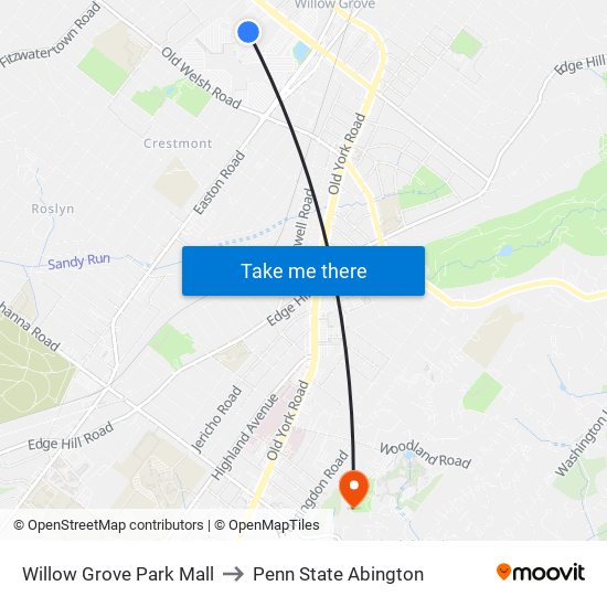 Willow Grove Park Mall to Penn State Abington map