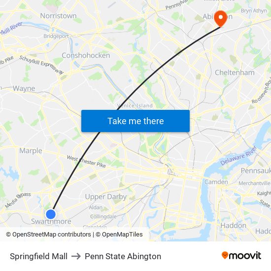 Springfield Mall to Penn State Abington map