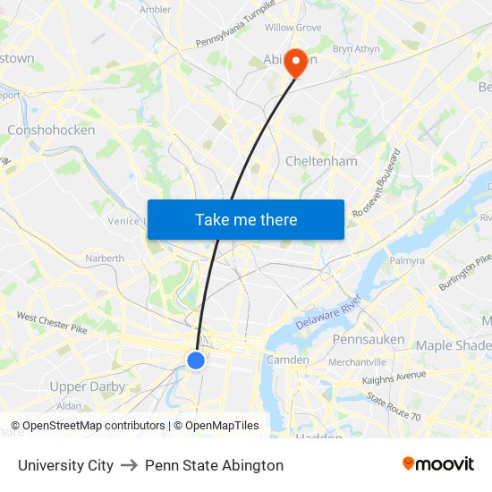 University City to Penn State Abington map