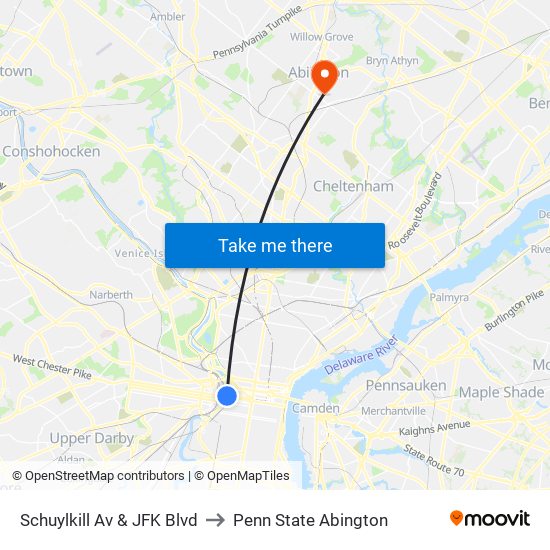 Schuylkill Av & JFK Blvd to Penn State Abington map