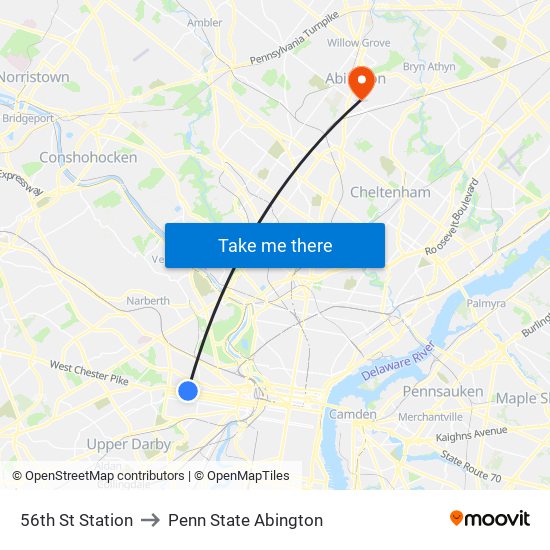 56th St Station to Penn State Abington map