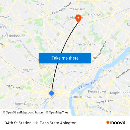 34th St Station to Penn State Abington map