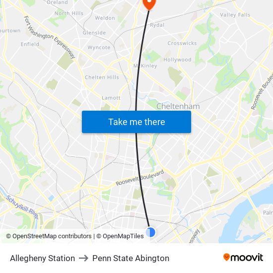 Allegheny Station to Penn State Abington map