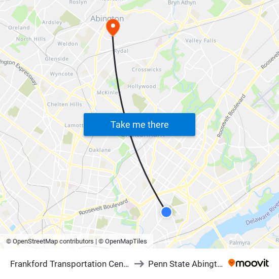 Frankford Transportation Center to Penn State Abington map