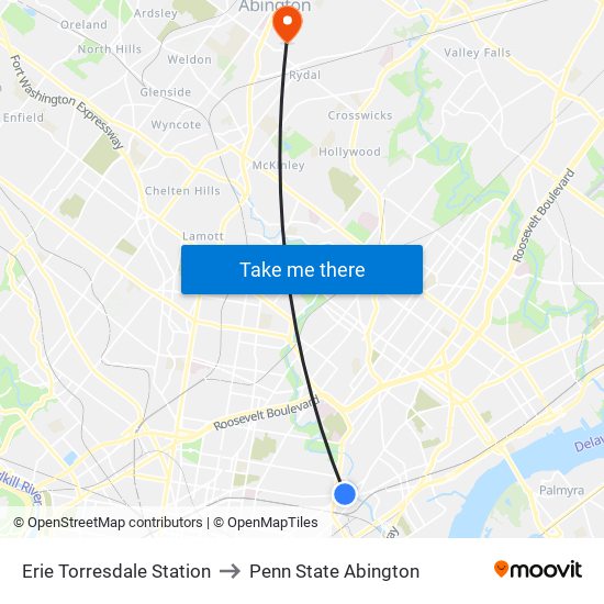 Erie Torresdale Station to Penn State Abington map