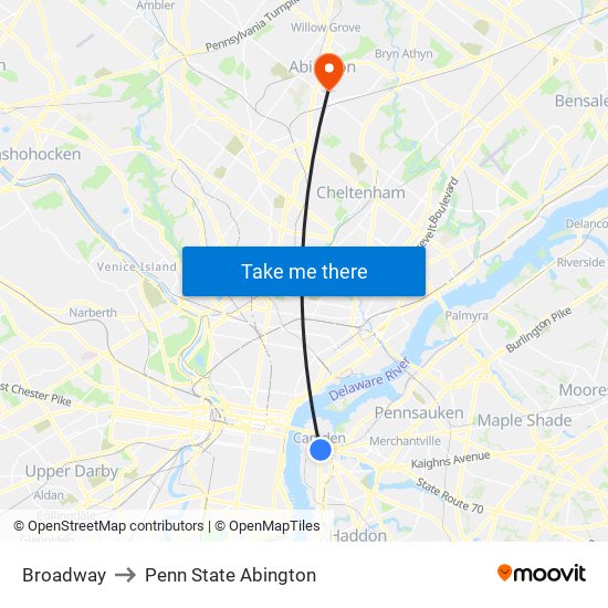 Broadway to Penn State Abington map