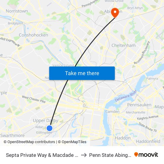 Septa Private Way & Macdade Blvd to Penn State Abington map