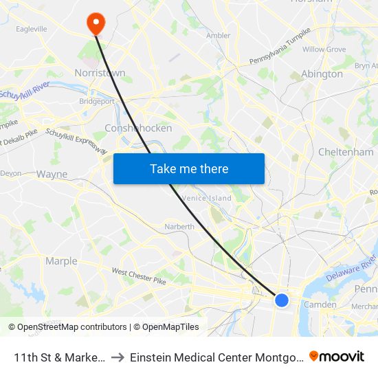 11th St & Market St to Einstein Medical Center Montgomery map