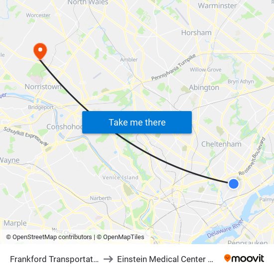 Frankford Transportation Center to Einstein Medical Center Montgomery map