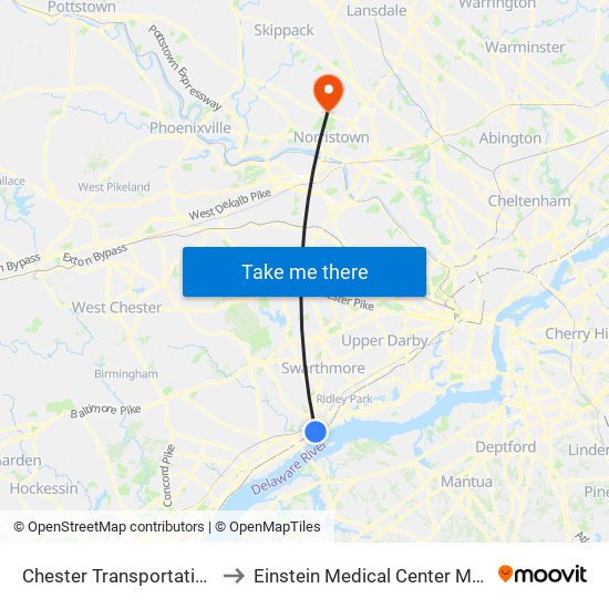 Chester Transportation Center to Einstein Medical Center Montgomery map