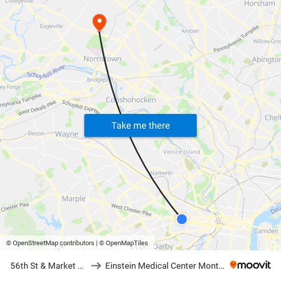 56th St & Market St - Fs to Einstein Medical Center Montgomery map