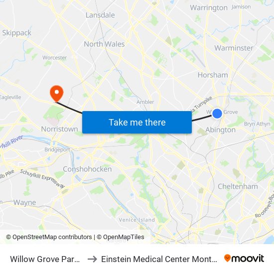 Willow Grove Park Mall to Einstein Medical Center Montgomery map