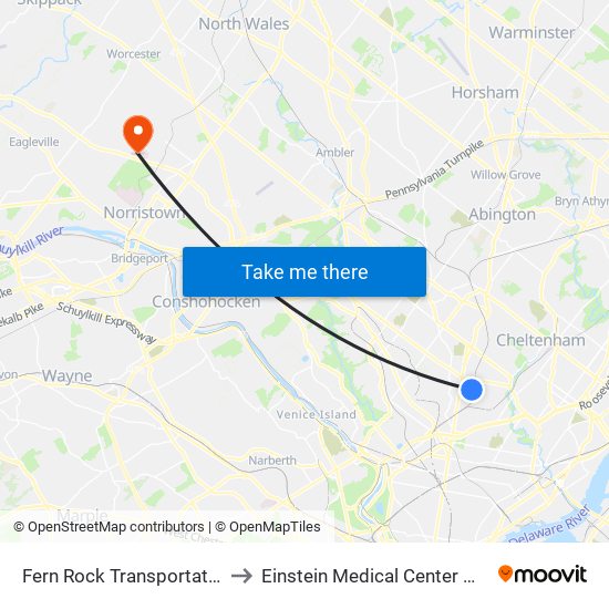 Fern Rock Transportation Center to Einstein Medical Center Montgomery map