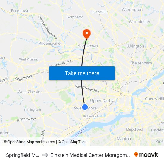 Springfield Mall to Einstein Medical Center Montgomery map