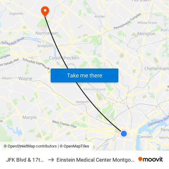 JFK Blvd & 17th St to Einstein Medical Center Montgomery map