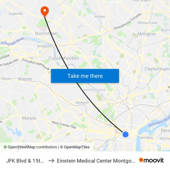 JFK Blvd & 15th St to Einstein Medical Center Montgomery map